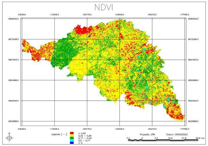 picos de vegetação densa. Em geral a imagem apresentou uma média maior 0,39-0,65 que corresponde a cor amarela. Porem acorrem alguns pixels de tonalidade azul escuro que correspondem a corpo d água.