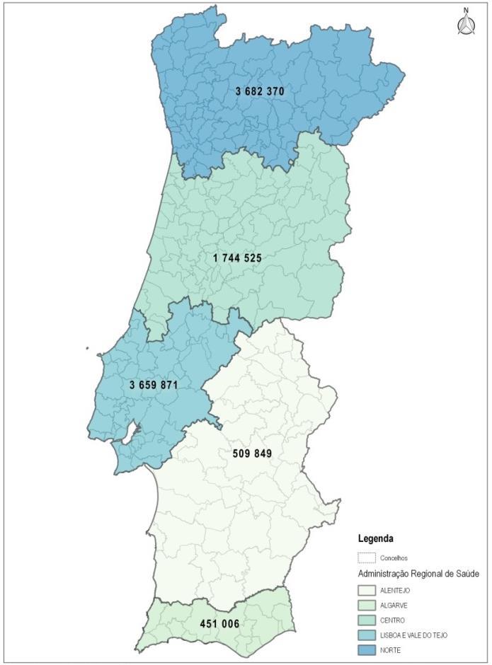 CUIDADOS DE SAÚDE PRIMÁRIOS - ADMINISTRAÇÕES REGIONAIS DE SAÚDE População total por região (habitantes) População abrangida pelos Cuidados de Saúde Primários das ARS (habitantes) População abrangida