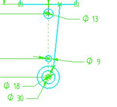 Com o comando Line, faça uma linha com ponto inicial na linha horizontal do desenho (indicador point on element) e ponto final na circunferência de diâmetro 30 mm.