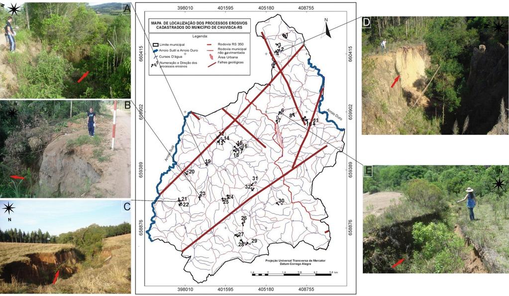 Figura 1: Exemplos de ravinas e voçorocas cadastradas no município, que se desenvolvem na direção dos