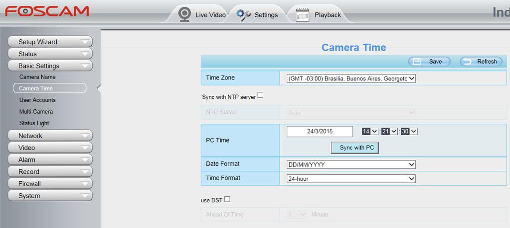 Em Camera Time, desmarque a opção Sync with NTP server, faça os ajustes de data e hora, verifique o Date Format, deve estar como: DD/MM/YYYY, em Time Format, deixe como 24-hour.