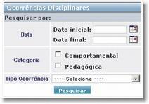 instituição de ensino. Podendo pesquisar por: Data, Categoria e Tipo Ocorrência.