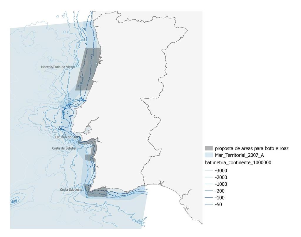 Figura 5. Áreas identificadas como mais relevantes para a proteção do Boto e do Roaz em Portugal Continental.