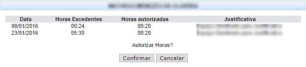 3 Homologar frequência: Ao clicar em Autorizar Horas Excedentes, irá abrir uma tela contendo as informações do total de horas a serem autorizadas, para prosseguir basta clicar em CONFIRMAR.