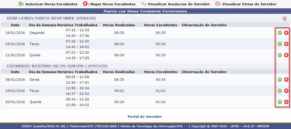 2 Autorizar/negar horas excedentes: Ao clicar em buscar, a seguinte listagem irá se abir: Nessa página contém o balanço mensal das horas excedentes, ou seja, todas os