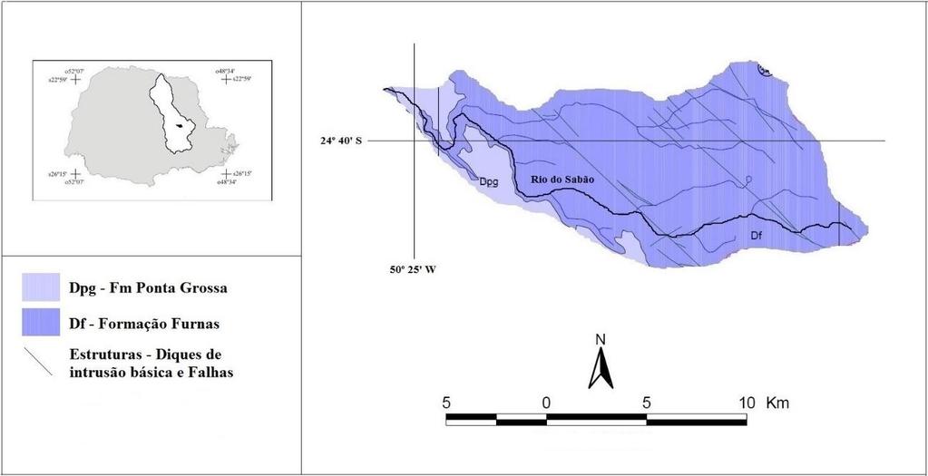 Era Paleozóica Era Mesozóica DOI: 10.4025/bolgeogr.v33i0.31927 4 63 _ Figura 1 Localização e geologia da área de estudo Fonte: Adaptado de MINEROPAR (2006) 1.