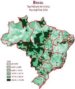 Figura 1. Taxa média de homicídios em cada 100 mil habitantes por município brasileiro. Fonte: Waiselfisz, 2008.