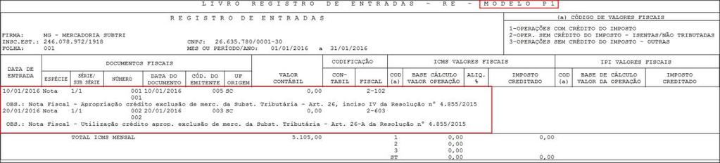 11.2 No livro Registro de ICMS modelo Normal, deverá ser gerada a seguinte informação: 11.