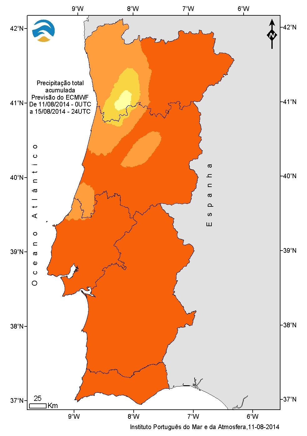 3. Previsão para Portugal Continental Para os próximos 5 dias apenas se prevê precipitação para as regiões do litoral Norte e Centro, mas prevê-se que sejam valores inferiores ao normal.