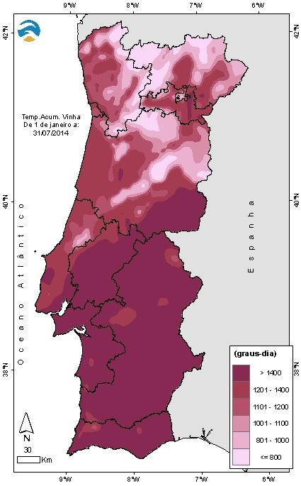 No Quadro II apresentam-se os valores da temperatura acumulada e o número de dias potencial do avanço e atraso das culturas no mês de junho de 2014, para algumas localidades do Continente, para
