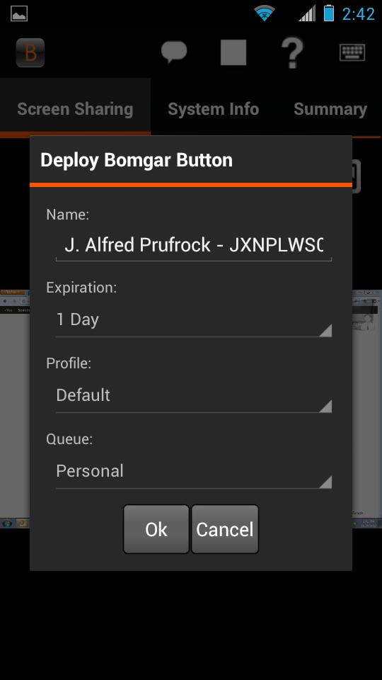 Adicionar um Bomgar Button ao sistema remoto a partir da Consola de Apoio Técnico do Android Durante uma sessão, pode implementar um Bomgar Button no computador remoto, fornecendo um método rápido
