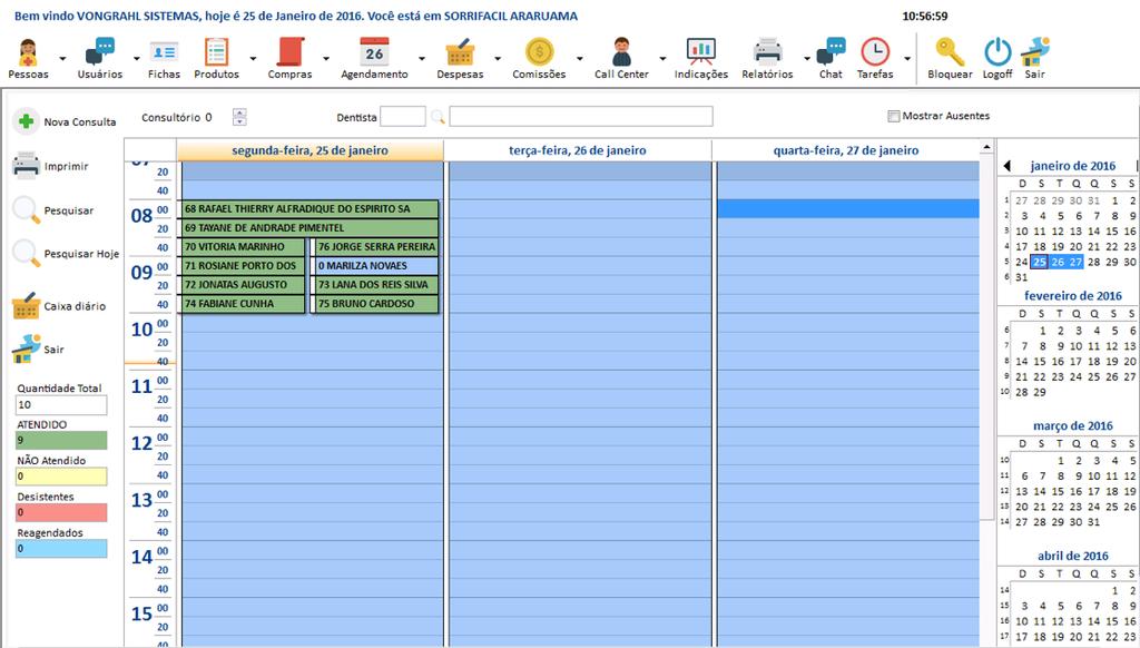 Agendamento de Paciente Para utilizar o sistema como agenda de pacientes, basta buscar a data que o paciente será atendido, o horário e clicar em Nova Consulta (mesmo não sendo HOJE).