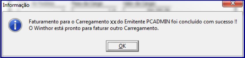 4.4 Clique o botão Validar Carregamento e botão Ok da tela Carregamento válido para faturamento!