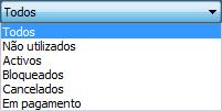 e) Pesquisa de Cartões Na zona superior da janela, poderá efectuar filtros para reduzir a quantidade de cartões na lista. 8 Estado Esta opção mostra os possíveis estados para os cartões; Img.5.