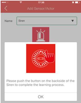Prima "OK" para concluir o processo de aprendizagem na aplicação (6). Ao mesmo tempo, prima uma vez o botão "Definir" na parte de trás da Sirene para sair e concluir o processo de aprendizagem.