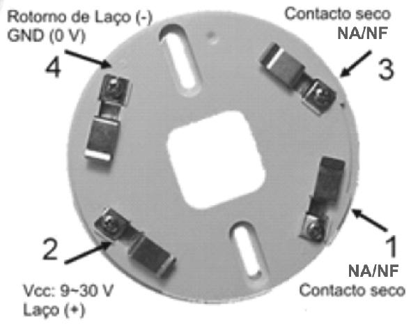 - Modo de instalação: Terminais da base: 2 e 4 entrada com alimentação e retorno de laço; 1 e 3 contacto seco.