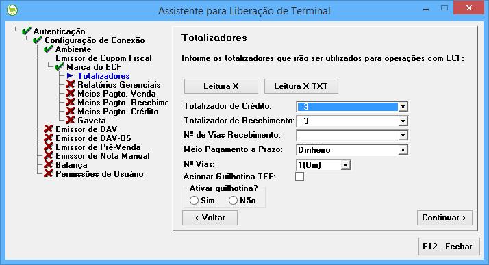 25. Caso a ECF possua guilhotinha, marcar as opções para ativar a função da mesma e continuar; 26. Próximo passo definir os relatórios gerenciais utlizados para; A. Relatório Gerencial Padrão; B.