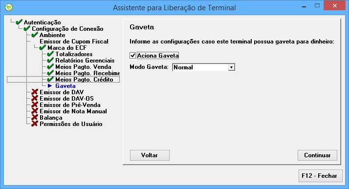 32. Se houver gaveta conectada na ECF, marcar a opção abaixo e continuar. 33.