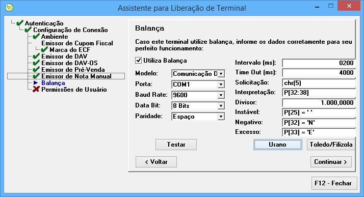 37. Se a empresa tiver balança conectada direta no caixa a liberação e configuração deverá ser feita de acordo com o modelo da mesma, deverá se marcada a opção Utiliza