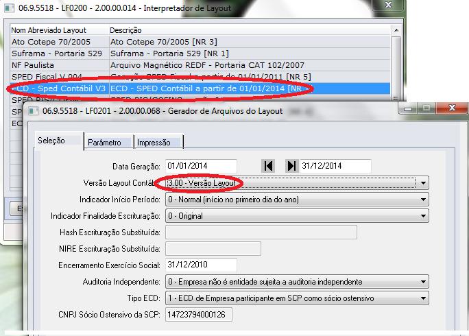 Detalhes da parametrização implementada no layout 3.