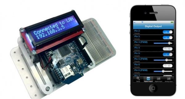 Software gratuito para controlar o Arduino a parir do iphone. Obs: existe software semelhante para Android fácil de encontrar, procurando na Play Store por Arduino control ethernet.