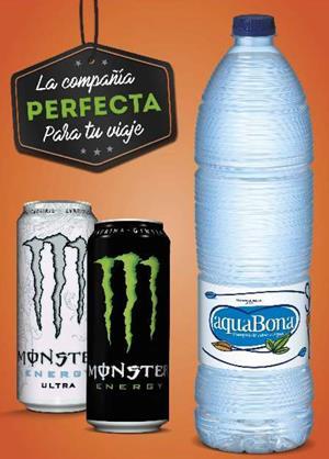 La compañía perfecta para tu viaje es el reclamo perfecto para ofrecer a los clientes los más atractivos productos y los mejores descuentos en referencias, como las bebidas Monster o el agua