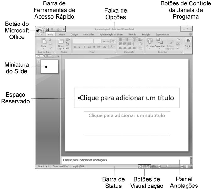 Ambiente de trabalho 2 A tela do PowerPoint: Para acessar o PowerPoint, clique no botão Iniciar