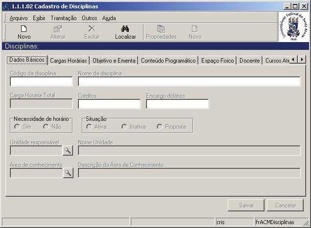 2.2. Guia: Dados Básicos Esta guia (Figura 23) é referente a Dados Básicos do Cadastro de Disciplinas, podemos Incluir, Alterar, Excluir e Localizar uma Disciplina já cadastrada.