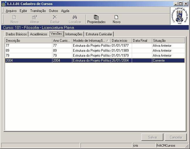 1.4. Guia: Versões Na guia correspondente a Figura 7 são visualizadas as versões existentes para o Curso.