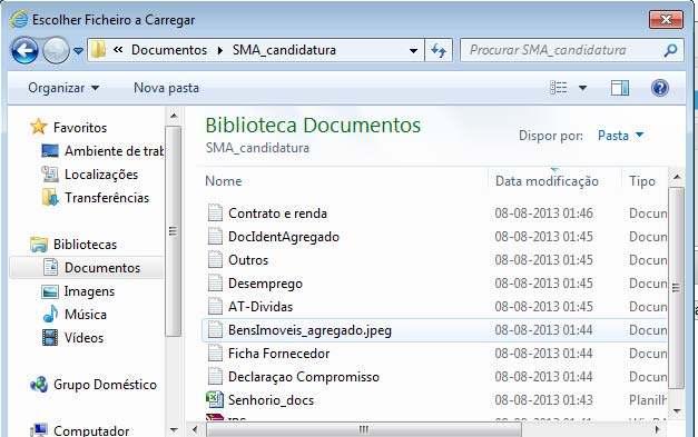 Seleciona o documento que pretende adicionar à candidatura, clicando duas vezes, com o rato, sobre o nome do