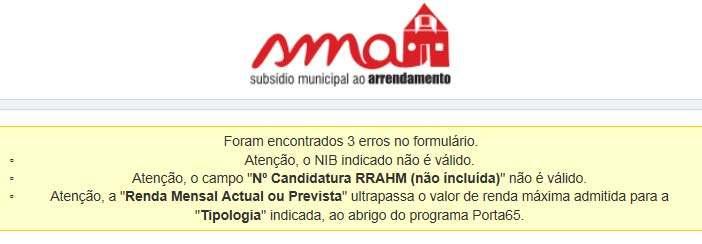 Neste caso, o número de processo de candidatura RRAHM não se encontra no período compreendido ou há um erro no registo do número.