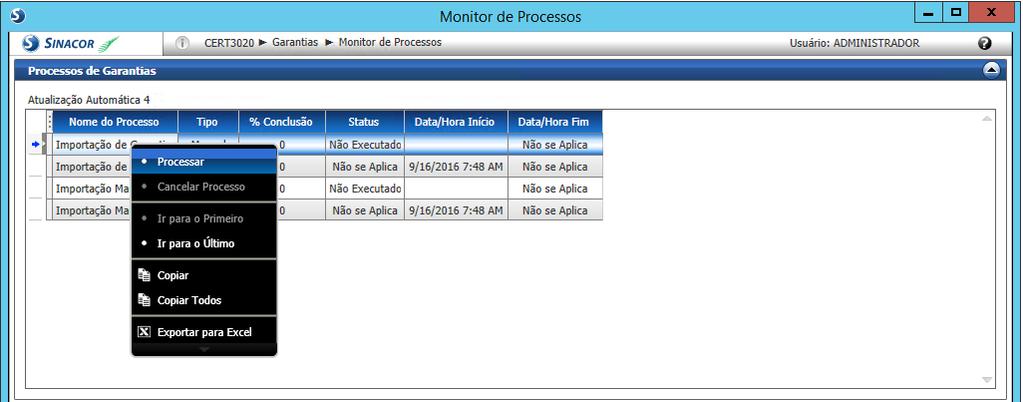 10 Importação de garantias e margem automatico Acessar aplicação em Garantias monitor de processos -> monitor de