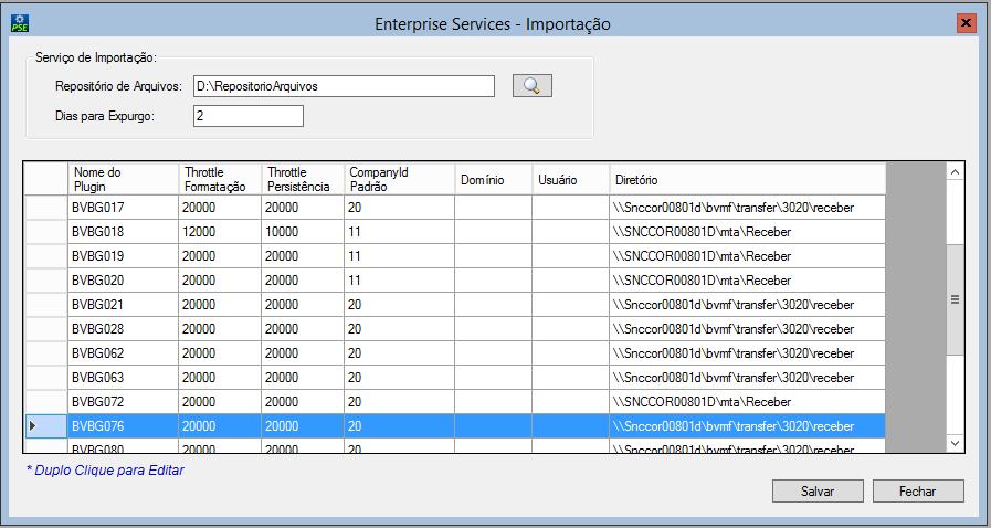 No configurador do SINACOR em Enterprise importação configurar para nome do plugin BVBG.076.