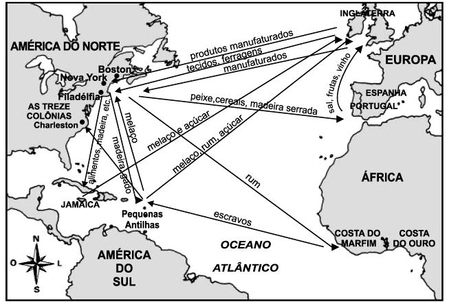 3. (1,0) O mapa adiante ilustra o comércio triangular realizado pelos habitantes das colônias do Norte dos