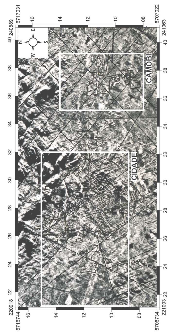 Figura : Arcabouço estrutural da área de estudo. As principais direções de fratura foram plotadas (linhas pontilhadas) sobre um mosaico semi-controlado de radar (Projeto RADAMBRASIL).