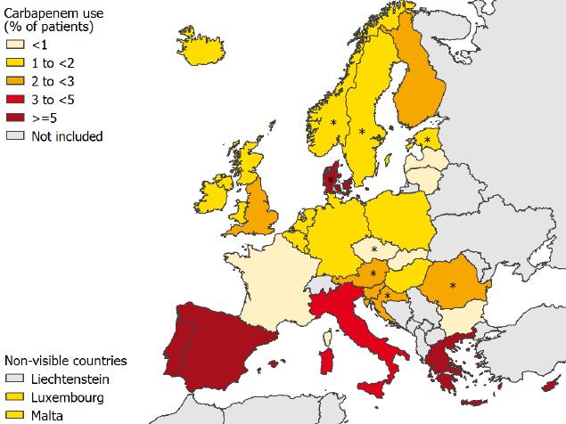 Elevado consumo hospitalar de carbapenemes, 2010-2012 Carbapenemes 2010 In 2012, consumption of carbapenems varied by a factor of 14, from 0.01 (Bulgaria) to 0.
