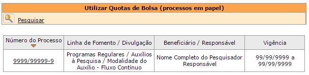 Bolsa (processos em papel), no menu de Acesso Rápido, como mostra a imagem abaixo: Essa opção estará disponível somente se o pesquisador já for beneficiário de um processo vigente (data de término do