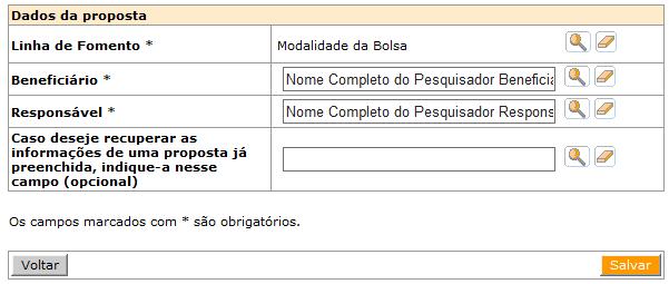 Para selecionar a modalidade/categoria da bolsa a ser criada, deve-se clicar no ícone Pesquisar ( ) do campo Linha de Fomento.