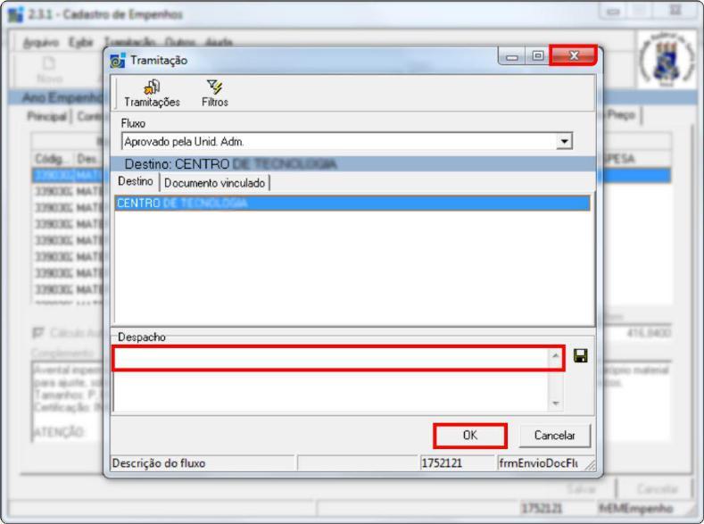 campo Despacho, clique em OK e, em