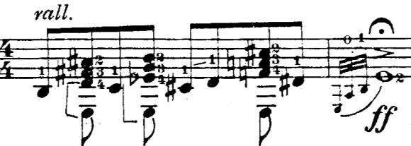 Exemplo: compassos 18 e 19 do Estudo nº 2 para violão de Guarnieri (1984) Em primeiro lugar, o segundo compasso do exemplo acima é o repouso final da parte A da peça, que está segundo seu início