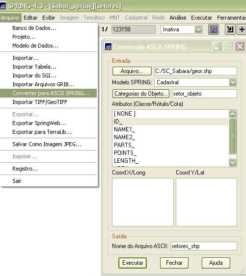 Após criado o Banco de Dados e o Projeto já é possível Converter o arquivo *mif ou *shp que será importado para o software para a extensão ASCIISPRING.