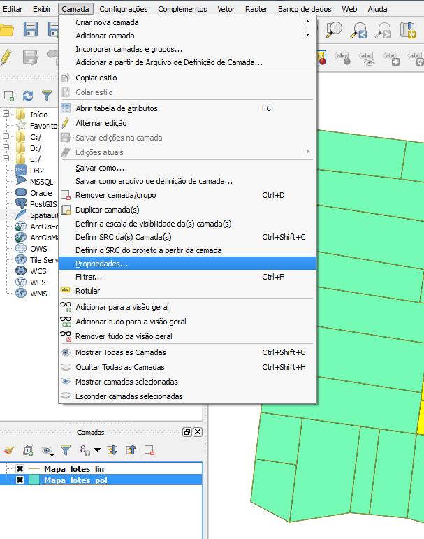 Clicando uma vez sobre a camada mapa_lotes_pol, selecionamos a opção propriedades na barra de