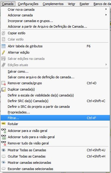 camada e selecionamos a opção filtrar.