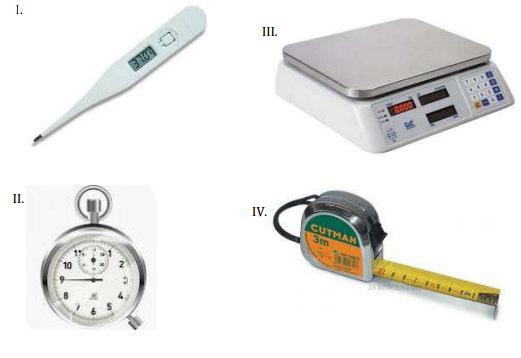 Marque a alternativa que mostra a sequência correta da utilização dos instrumentos ( ) medir sua altura ( ) a duração do jogo de futebol ( ) a massa da sua bolsa escolar ( ) medir a temperatura de um