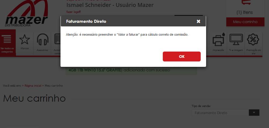 você deverá, no Carrinho de Compras, informar o Valor a faturar