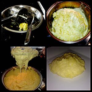 amasse com amassador de batatas. Deixei uma colher de manteiga pra misturar com a batata amassada.