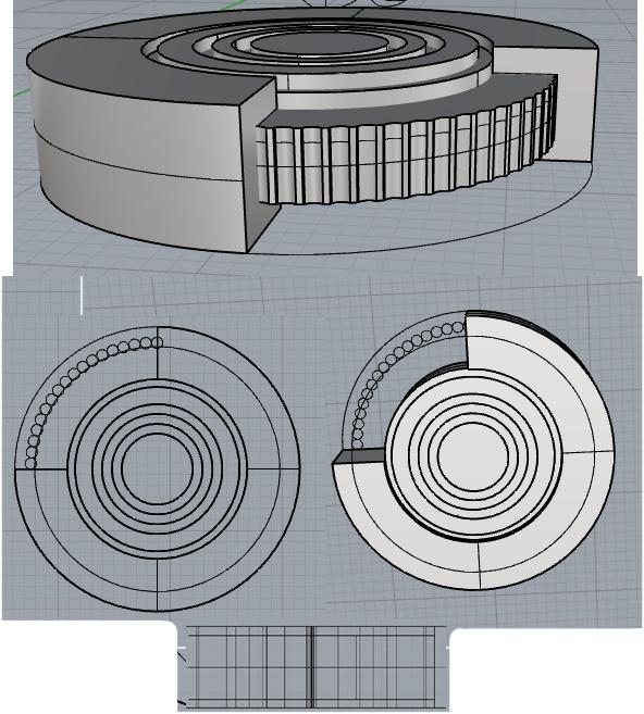 Faça uma serie de círculos que se ocupem. No centro devera ter um espaço, 3 linhas de espaçamento igual, uma linha com espaçamento levemente maior, e outra linha com espaçamento parecido à anterior.