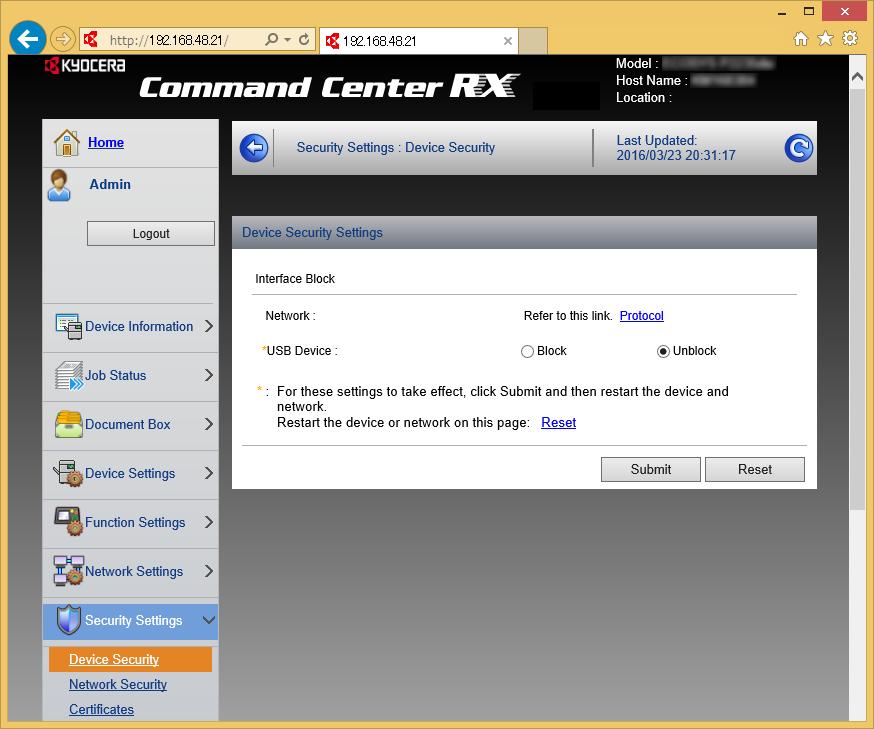 Instalar e configurar a máquina > Command Center RX 2 Configure as definições de segurança.