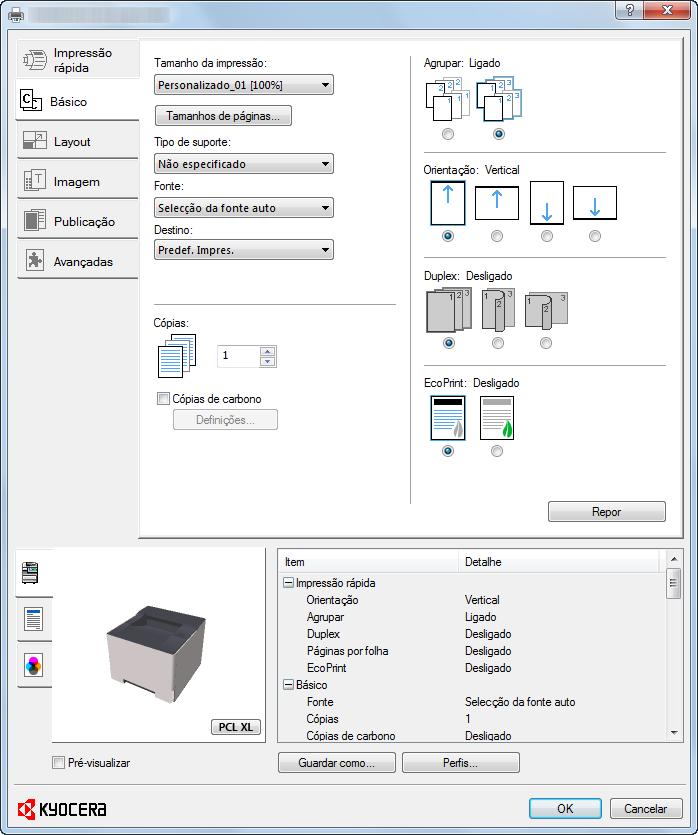 Imprimir a partir do PC > Imprimir a partir de PC 3 Clique no menu "Tamanho da impressão" e seleccione o tamanho do papel registado no passo 2.