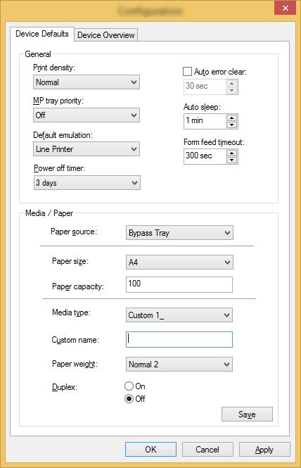 Imprimir a partir do PC > Configuration Tool Ecrã de definições da Configuration Tool Predefinições do dispositivo Configurar as predefinições do controlador da impressora e a função de poupança de